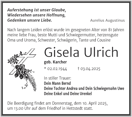 Traueranzeige von Gisela Ulrich von Mitteldeutsche Zeitung Halle/Saalkreis