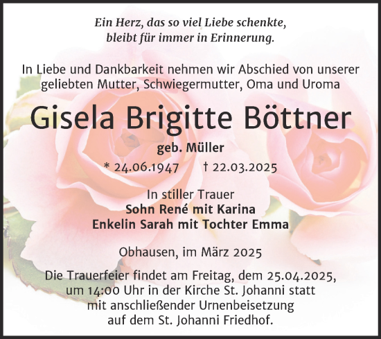 Traueranzeige von Gisela Brigitte Böttner von Trauerkombi Merseburg