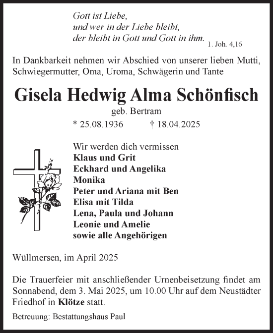 Traueranzeige von Gisela Hedwig Alma Schönfisch von Volksstimme Altmark West