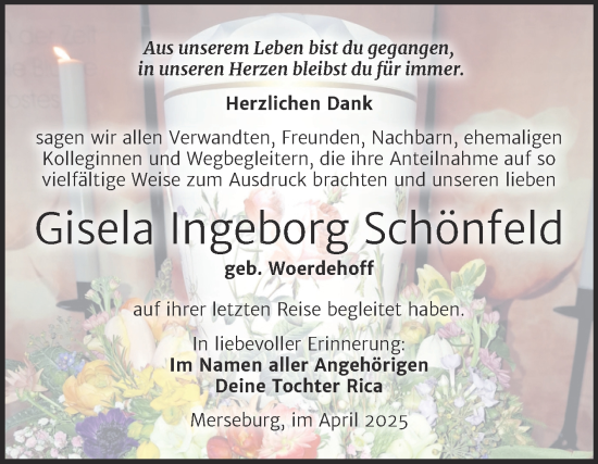 Traueranzeige von Gisela Ingeborg Schönfeld von Trauerkombi Merseburg