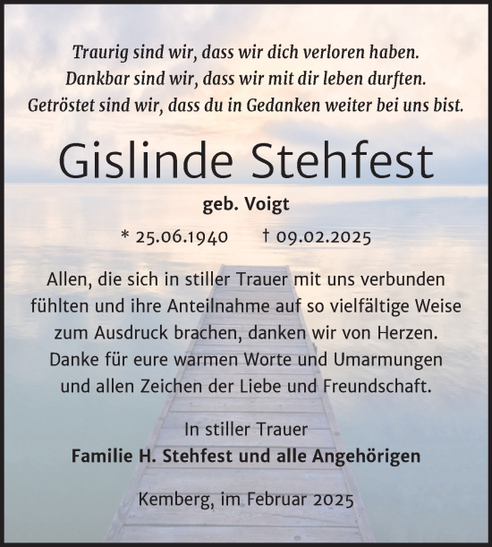 Traueranzeige von Gislinde Stehfest von Trauerkombi Wittenberg