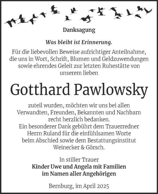 Traueranzeige von Gotthard Pawlowsky von Trauerkombi Bernburg