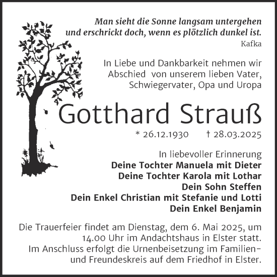 Traueranzeige von Gotthard Strauß von Trauerkombi Wittenberg