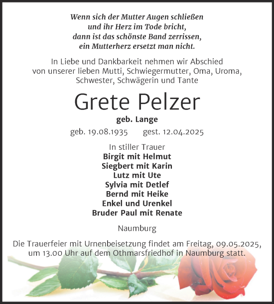 Traueranzeige von Grete Pelzer von Super Sonntag Naumburg/Nebra