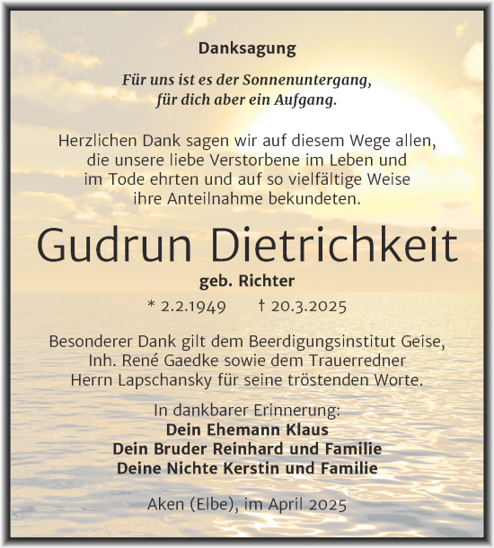 Traueranzeige von Gudrun Dietrichkeit von Trauerkombi Köthen