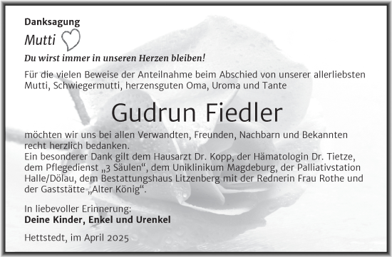 Traueranzeige von Gudrun Fiedler von Trauerkombi Mansfelder Land