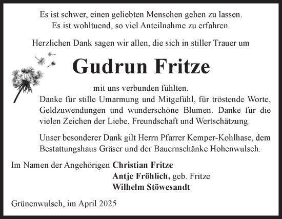 Traueranzeige von Gudrun Fritze von Volksstimme Altmark Ost