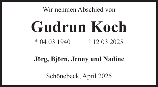 Traueranzeige von Gudrun Koch von Volksstimme Staßfurt