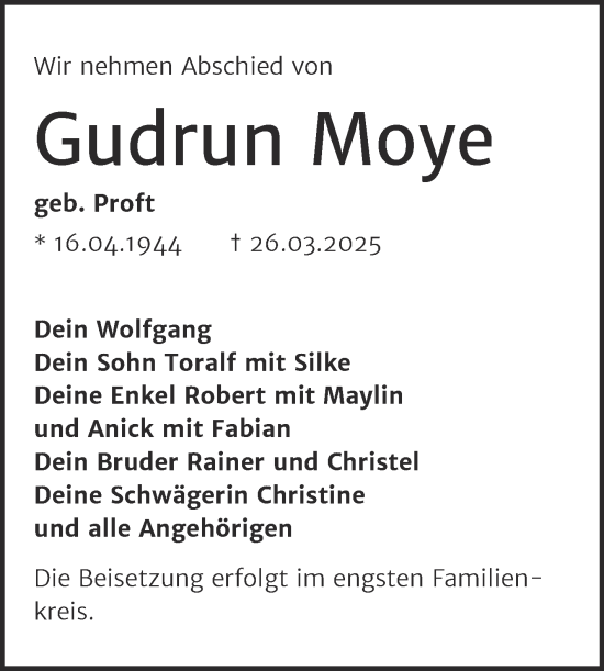 Traueranzeige von Gudrun Moye von Trauerkombi Wittenberg