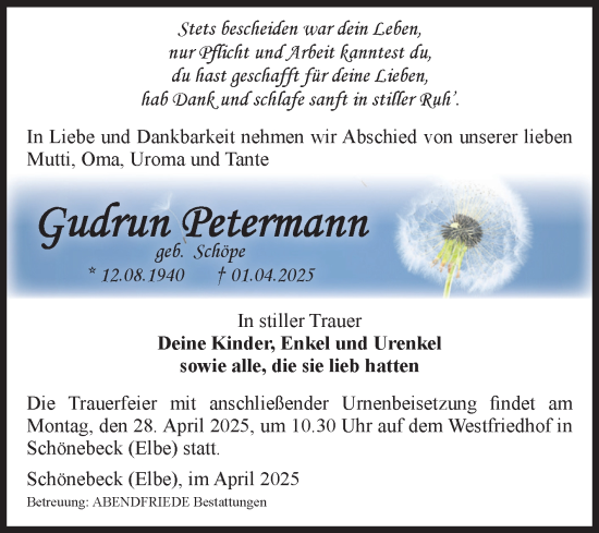 Traueranzeige von Gudrun Petermann von Volksstimme Schönebeck