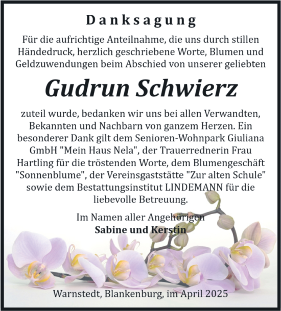Traueranzeige von Gudrun Schwierz von Volksstimme Wernigerode