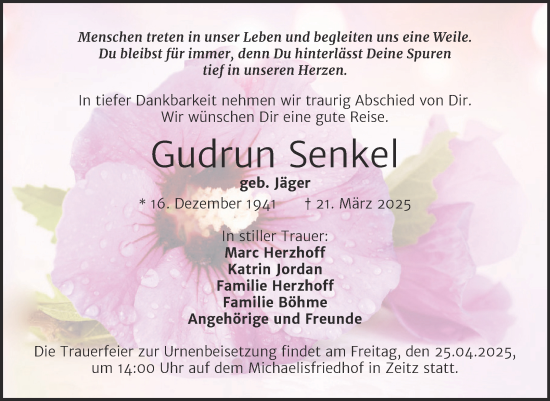 Traueranzeige von Gudrun Senkel von Trauerkombi Zeitz