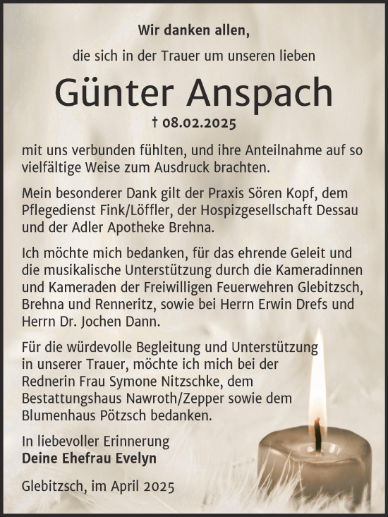 Traueranzeige von Günter Anspach von Trauerkombi Bitterfeld