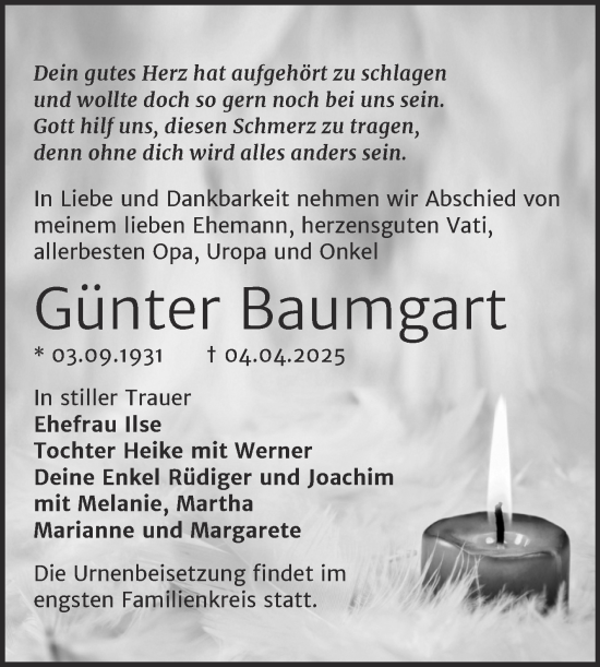 Traueranzeige von Günter Baumgart von Trauerkombi Wittenberg
