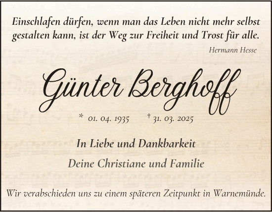 Traueranzeige von Günter Berghof von Volksstimme Magdeburg