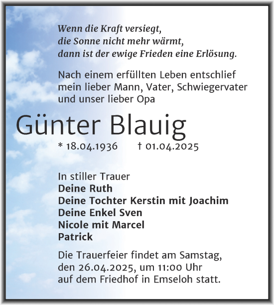 Traueranzeige von Günter Blauig von Trauerkombi Sangerhausen