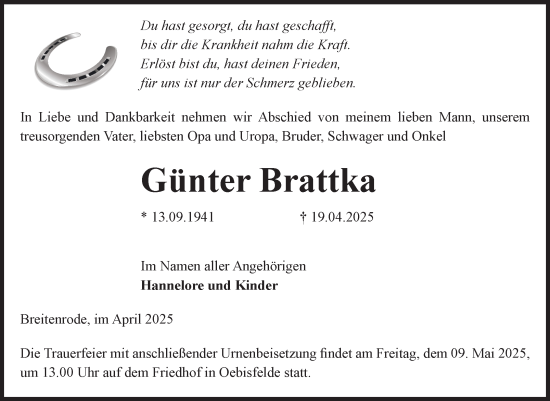 Traueranzeige von Günter Brattka von Volksstimme Altmark West