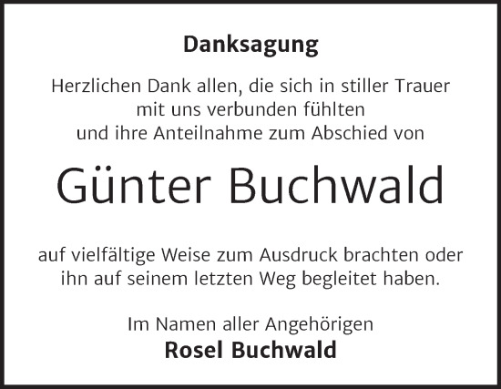 Traueranzeige von Günter Buchwald von Trauerkombi Bitterfeld