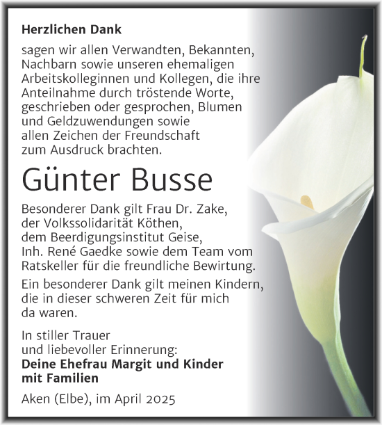 Traueranzeige von Günter Busse von Trauerkombi Köthen