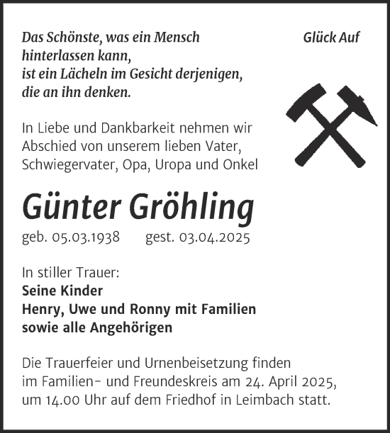 Traueranzeige von Günter Gröhling von Trauerkombi Mansfelder Land