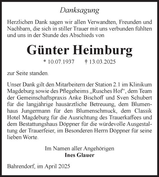 Traueranzeige von Günter Heimburg von Volksstimme Oschersleben/Wanzleben