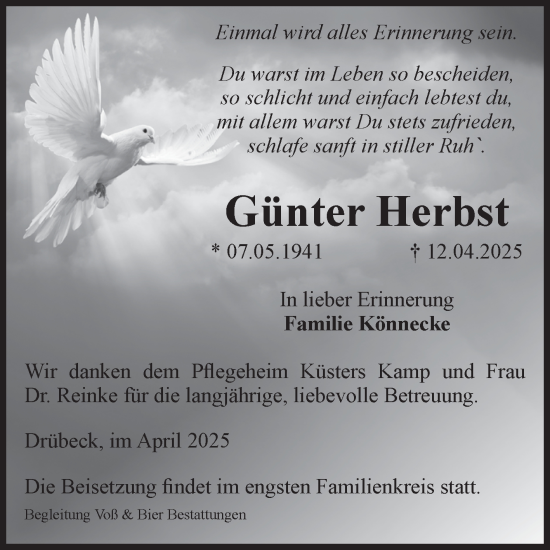 Traueranzeige von Günter Herbst von Volksstimme Wernigerode