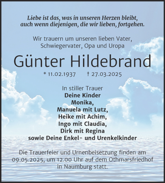 Traueranzeige von Günter Hildebrand von Super Sonntag Naumburg/Nebra