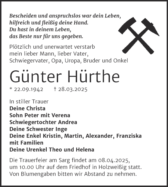 Traueranzeige von Günter Hürthe von Trauerkombi Bitterfeld