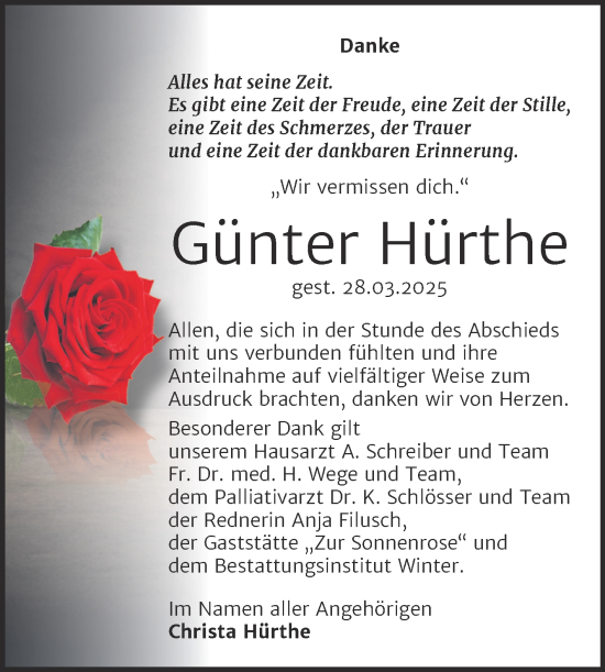 Traueranzeige von Günter Hürthe von Trauerkombi Bitterfeld