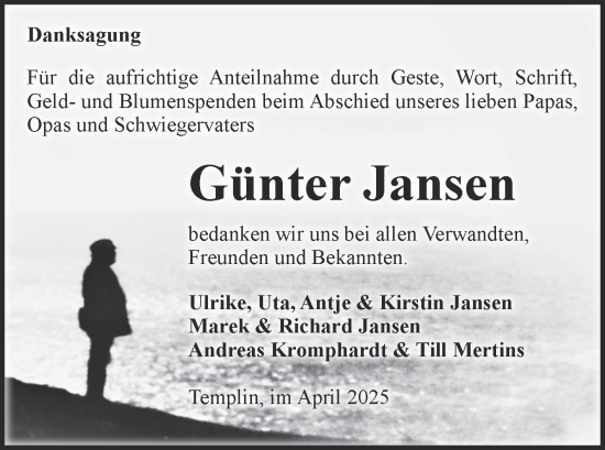 Traueranzeige von Günter Jansen von Volksstimme Altmark Ost