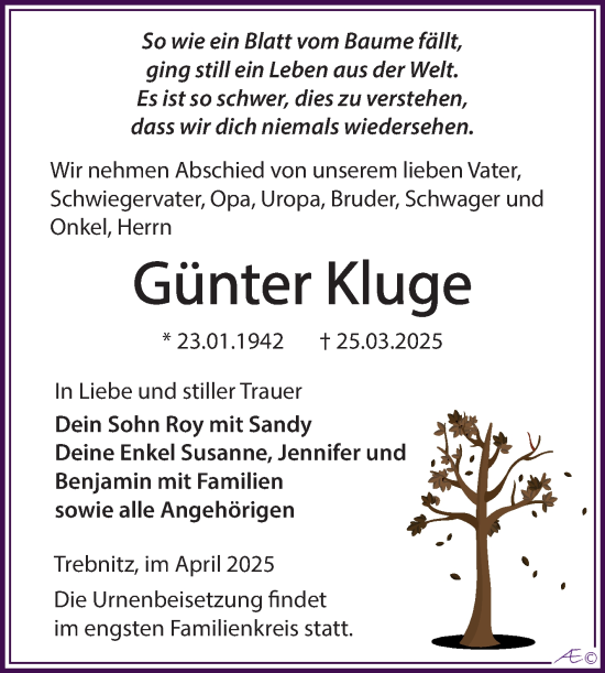 Traueranzeige von Günter Kluge von Trauerkombi Weißenfels