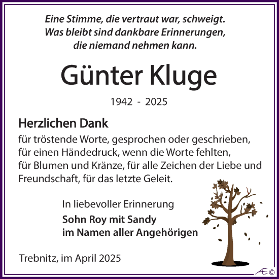 Traueranzeige von Günter Kluge von Trauerkombi Weißenfels