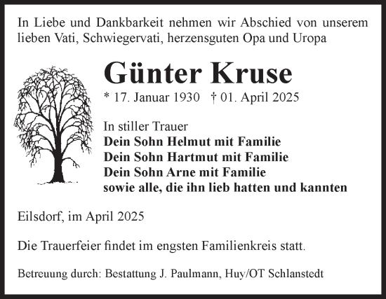 Traueranzeige von Günter Kruse von Volksstimme Halberstadt