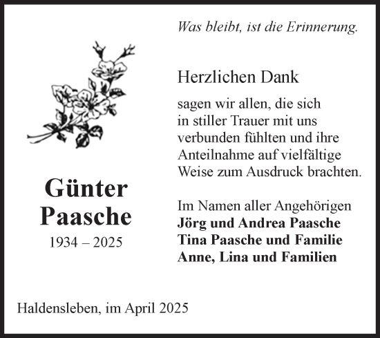 Traueranzeige von Günter Paasche von Volksstimme Haldensleben/Wolmirstedt