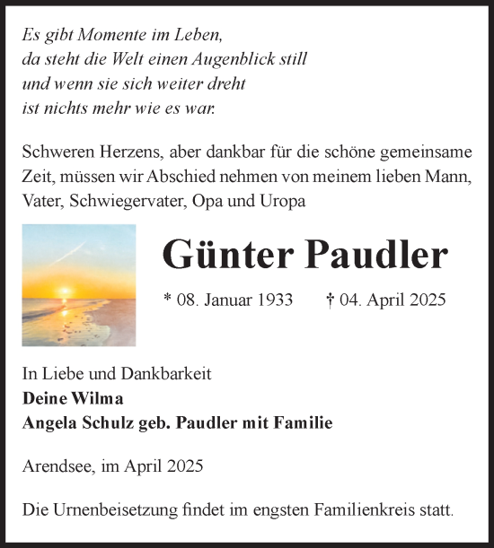 Traueranzeige von Günter Paudler von Volksstimme Altmark Ost