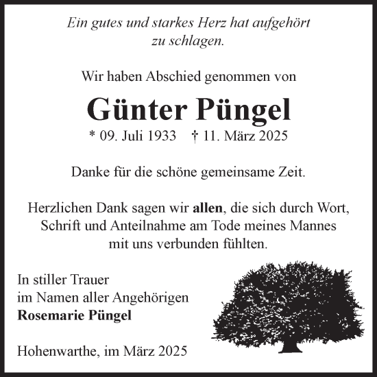 Traueranzeige von Günter Püngel von Volksstimme Burg/Genthin