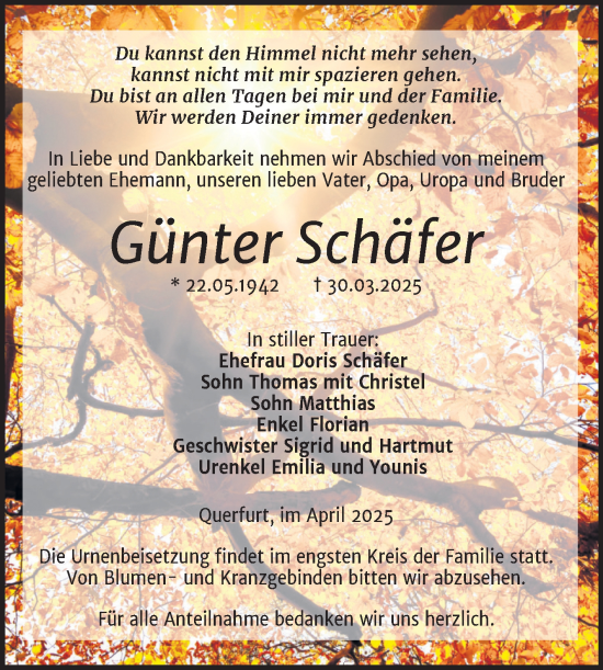 Traueranzeige von Günter Schäfer von Trauerkombi Merseburg