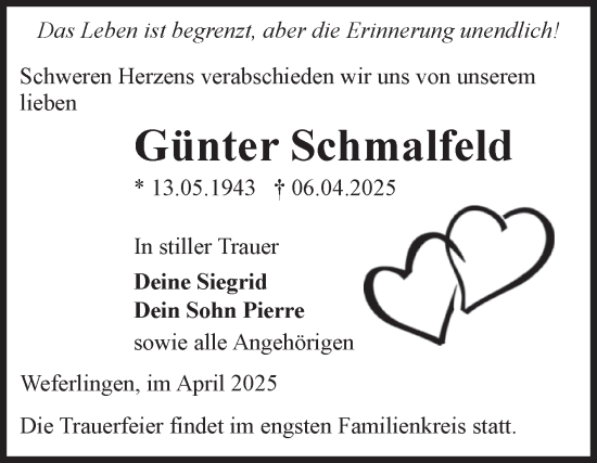 Traueranzeige von Günter Schmalfeld von Volksstimme Haldensleben/Wolmirstedt