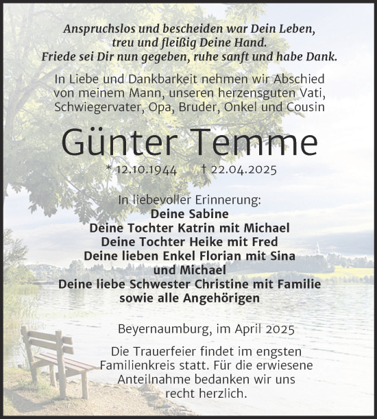Traueranzeige von Günter Temme von Trauerkombi Sangerhausen