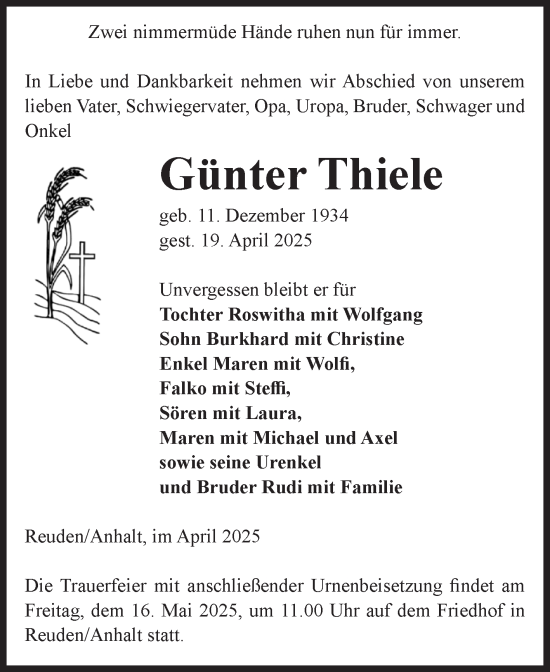 Traueranzeige von Günter Thiele von Volksstimme Zerbst