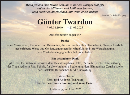 Traueranzeige von Günter Twardon von Volksstimme Altmark Ost