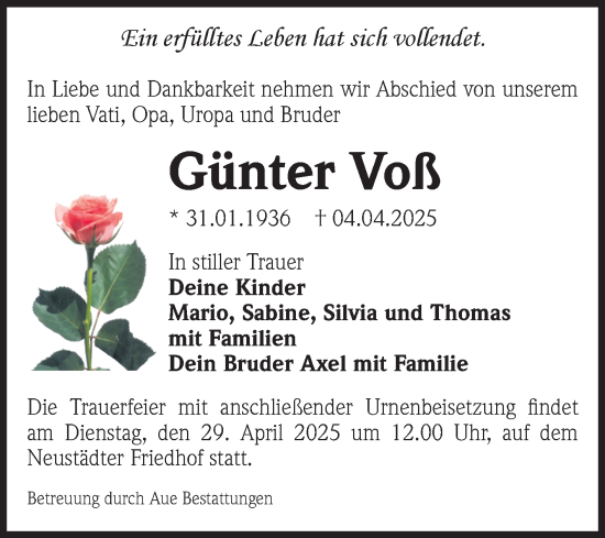 Traueranzeige von Günter Voß von Volksstimme Magdeburg