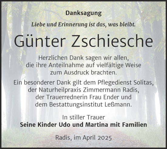 Traueranzeige von Günter Zschiesche von Trauerkombi Wittenberg
