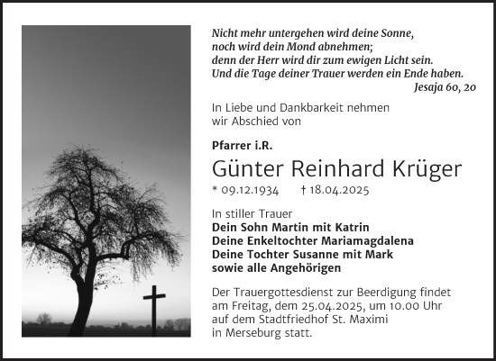 Traueranzeige von Günter Reinhard Krüger von Trauerkombi Merseburg