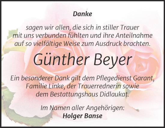 Traueranzeige von Günther Beyer von Trauerkombi Quedlinburg