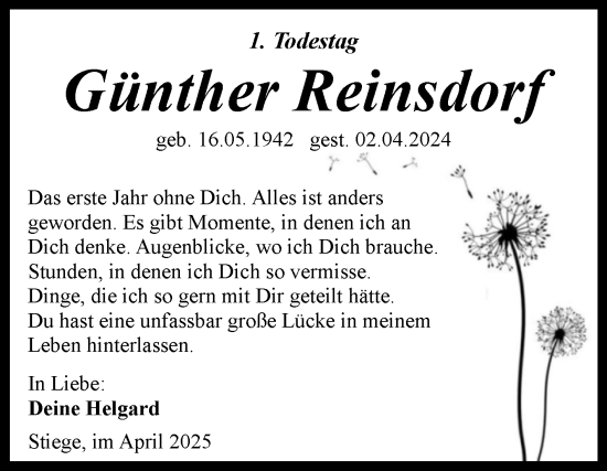 Traueranzeige von Günther Reinsdorf von Volksstimme Wernigerode