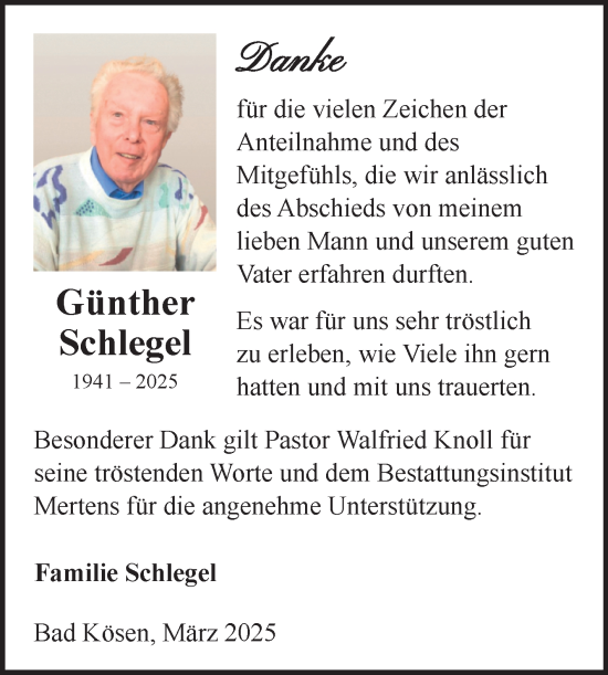 Traueranzeige von Günther Schlegel von Super Sonntag Naumburg/Nebra