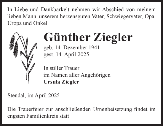 Traueranzeige von Günther Ziegler von Volksstimme Altmark Ost