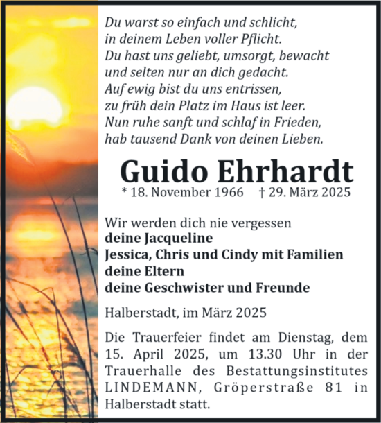 Traueranzeige von Guido Ehrhardt von Volksstimme Halberstadt