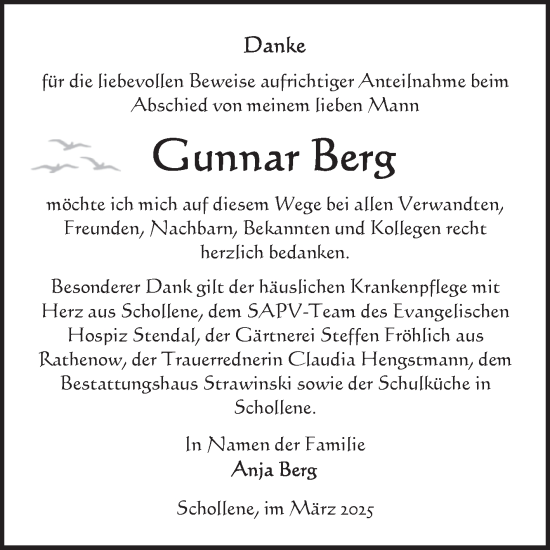 Traueranzeige von Gunnar Berg von Volksstimme Altmark Ost